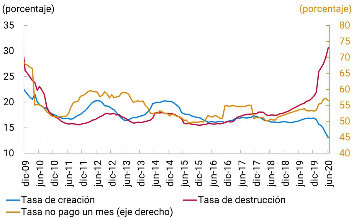 El gráfico muestra los porcentajes de las tasas agregadas de creación, destrucción y de no pago entre diciembre de 2009 y junio de 2020. Se destaca que la mayor tasa de creación se registró en enero de 2010 (21,5%), y la menor tasa se observó en junio de 2020 (13,1%). Entretanto, el periodo 2011-2019 mostró una tasa promedio de creación de 17,5%.  En cuanto a la destrucción, desde abril de 2017 se aprecia un crecimiento que la lleva a superar la tasa de creación. Durante el primer semestre de 2020 esta tendencia se acentuó y en junio del mismo año se presentó un aumento de 47,7% con respecto a junio de 2019.