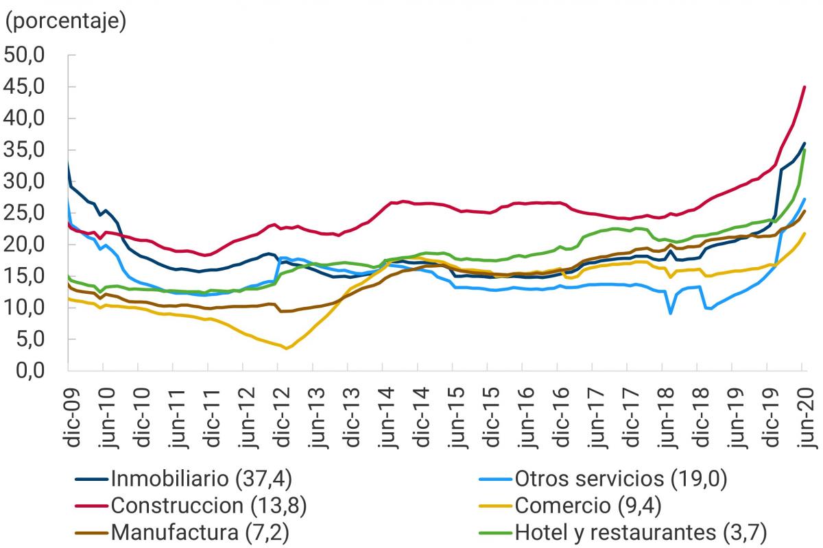 Este primer panel muestra los sectores económicos con mayores porcentajes de destrucción de empresas, entre diciembre de 2009 y junio de 2020: inmobiliario (37,4% en junio de 2020), otros servicios (19,0% en junio de 2020), construcción (13,8% en junio de 2020), comercio (9,4% en junio de 2020), manufactura (7,2% en junio de 2020), hotel y restaurantes (3,7% en junio de 2020). En el caso de la construcción, su tasa de destrucción de empresas creció 16,2 puntos porcentuales a junio de 2020, registrando su máximo. En cuanto al sector inmobiliario, su destrucción presentó aumento durante 2019, pero disminución durante 2020. Resaltan los sectores inmobiliario y de hoteles y restaurantes, que muestran tasas históricas de destrucción del 36,0% y 35,0%, respectivamente.