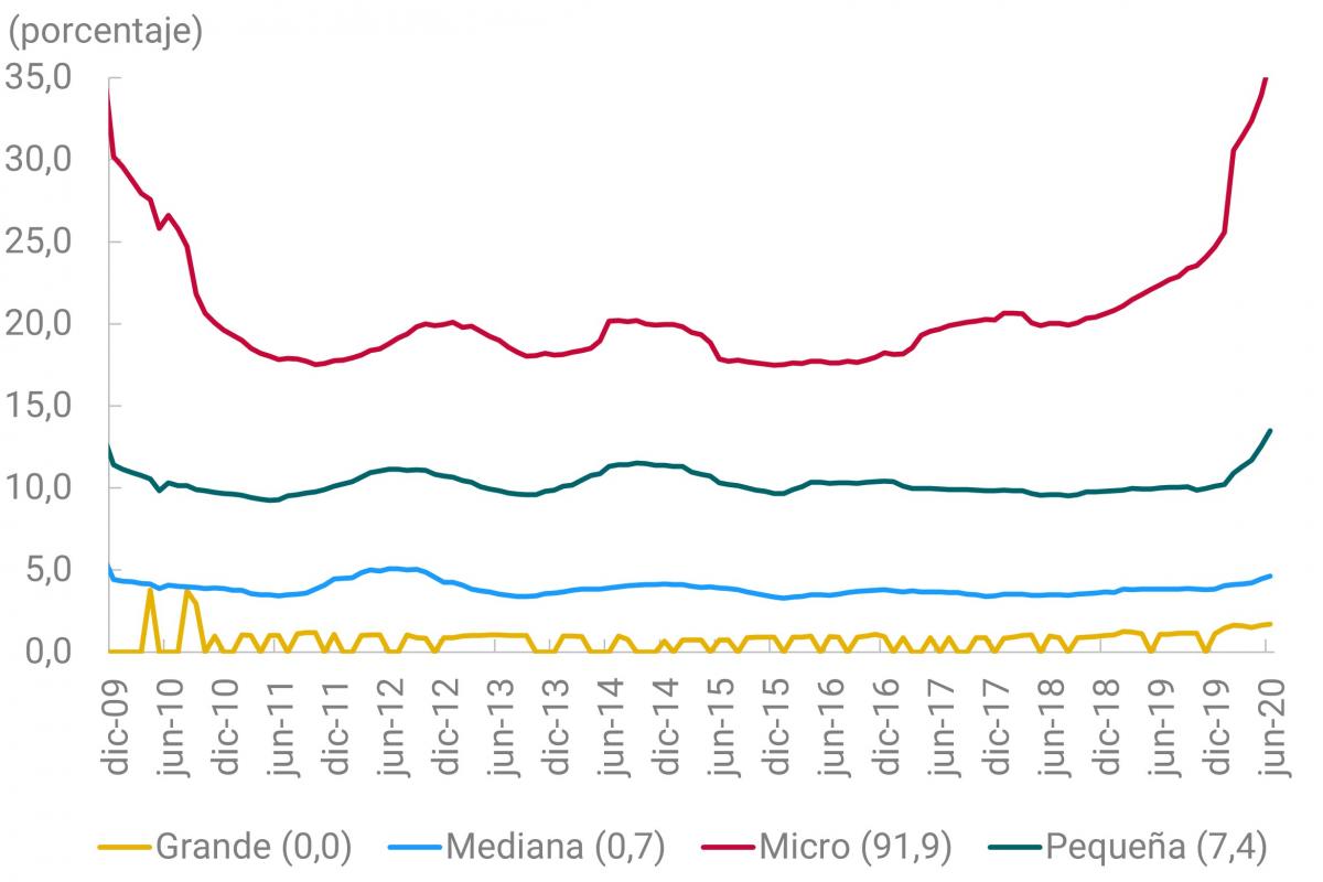 En este segundo panel se muestran los porcentajes de destrucción de empresas, por tamaño, desde diciembre de 2009 y junio de 2020. Grande (0,0% en junio de 2020). Mediana (0,7% en junio de 2020). Pequeña (7,4% en junio de 2020). Micro (91,9% en junio de 2020). Las pequeñas y micro empresas exhiben incrementos significativos en su tasa de destrucción durante el 2020.