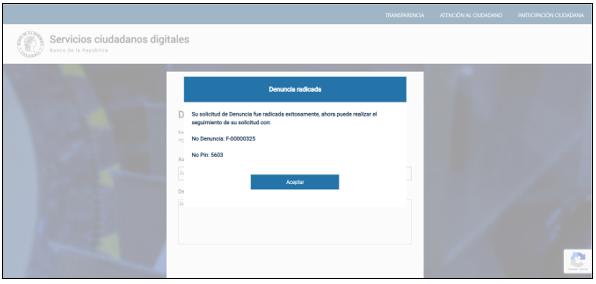 Imagen de confirmación de radicación de denuncia por formulario electrónico.