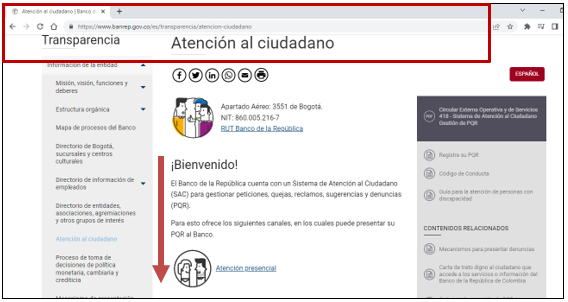 Imagen de página web del Banco de la República, en sitio de Atención al Ciudadano, con énfasis en el título de la sección y flechas que guían por el contenido descendente sobre los mecanismos disponibles para radicar Peticiones, Quejas, Reclamos, Sugerencias y Denuncias.