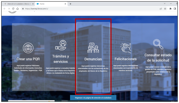 Imagen de sede electrónica del Banco de la República, con énfasis en la opción para la radicación de Denuncias.