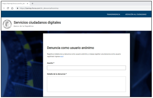 Imagen de formulario electrónico para la radicación de denuncias como Usuario Anónimo.