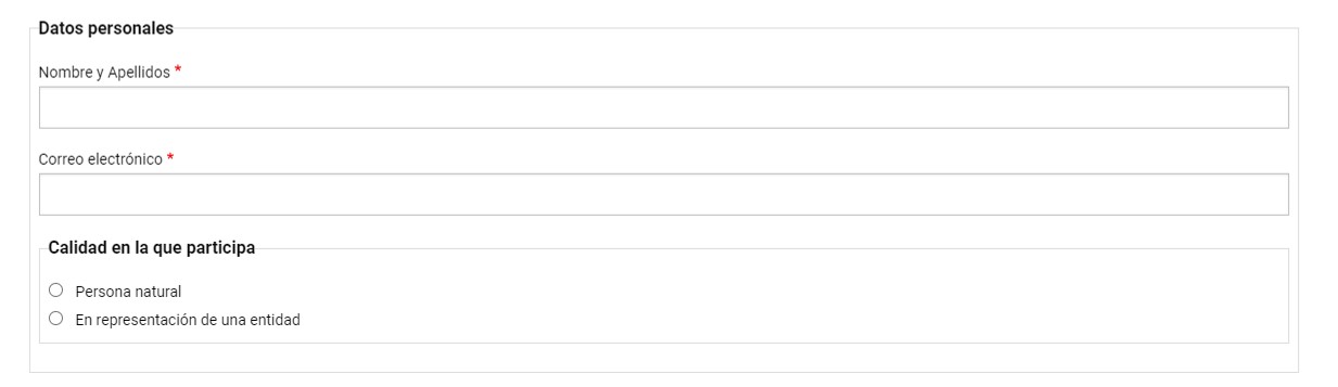 "Se visualiza los campos de Datos personales, que incluyen: nombre y apellidos, correo electrónico y calidad en la que participa, que puede ser como “persona natural” o “en representación de una entidad"