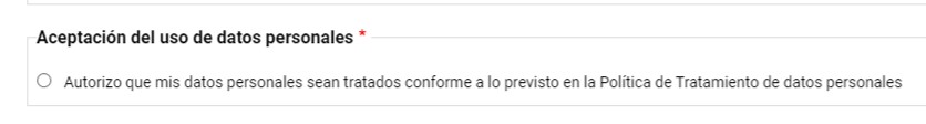 "Se muestra la imagen del campo del formulario en donde se autoriza el tratamiento de datos personales"