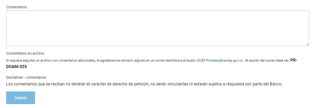 "Se muestra el último campo del formulario dispuesto para incluir los comentarios  y el botón de enviar “Submit”."